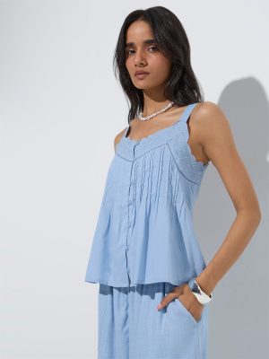 LOV Light Blue Floral Embroidered Cotton Top