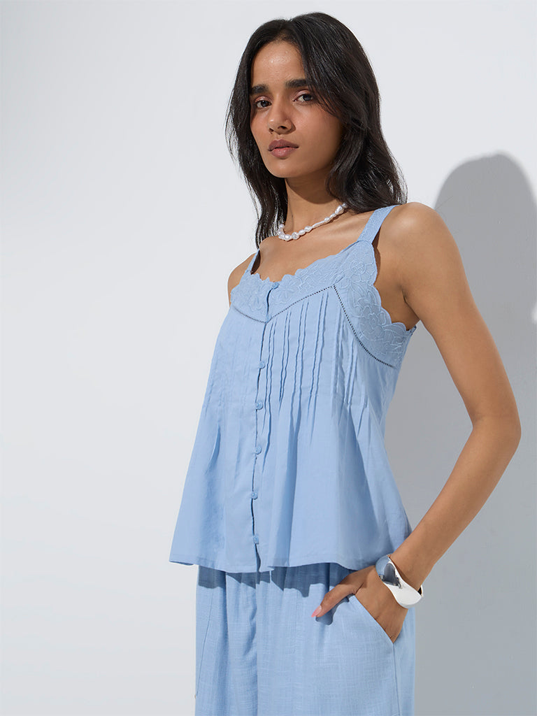 LOV Light Blue Floral Embroidered Cotton Top