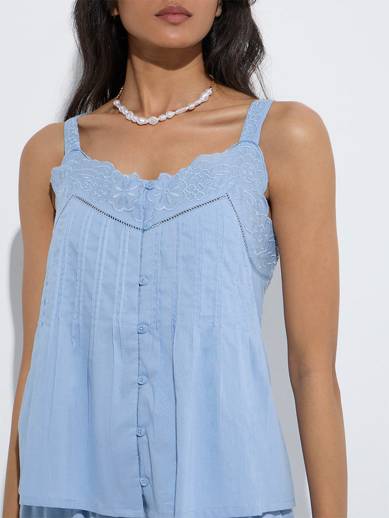 LOV Light Blue Floral Embroidered Cotton Top - Image 3