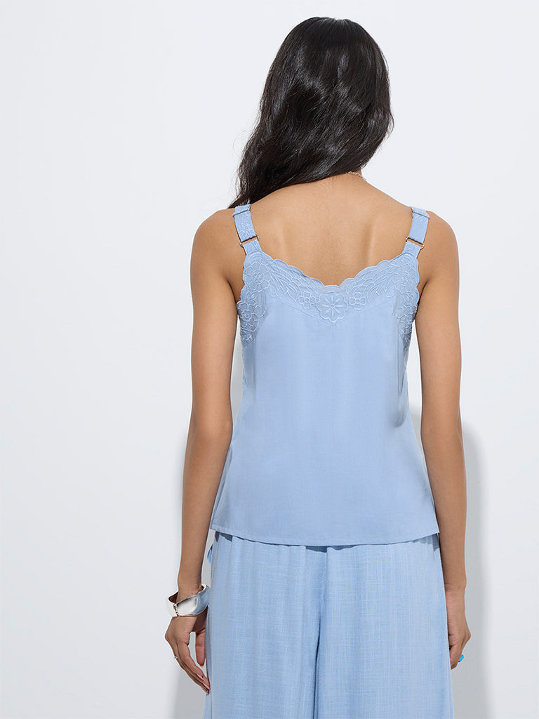 LOV Light Blue Floral Embroidered Cotton Top - Image 4