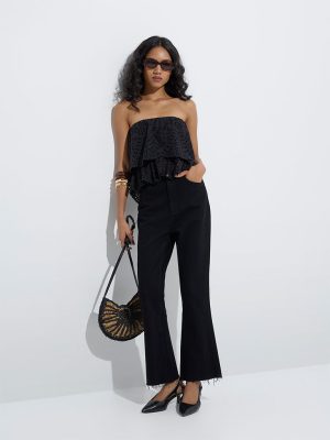 LOV Black Schiffli Design Cotton Top