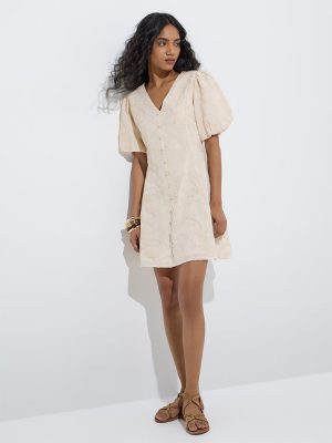 LOV Beige Embroidered A-Line Cotton Dress