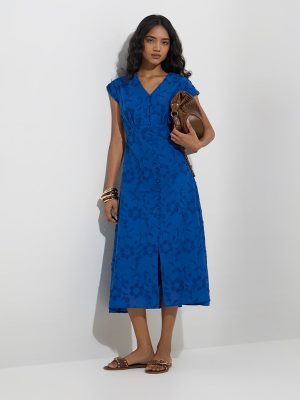 LOV Blue Floral Design Cotton A-Line Dress
