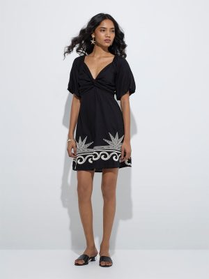 LOV Black Embroidered A-Line Dress