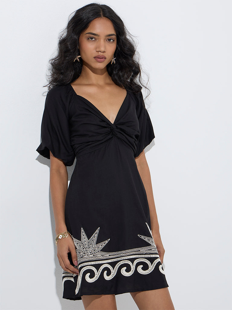 LOV Black Embroidered A-Line Dress - Image 2