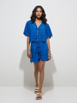 LOV Blue Schiffli High-Rise Cotton Shorts With Belt