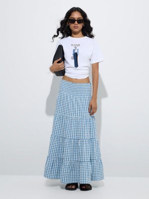 LOV Blue Gingham Checkered Cotton Tiered Skirt