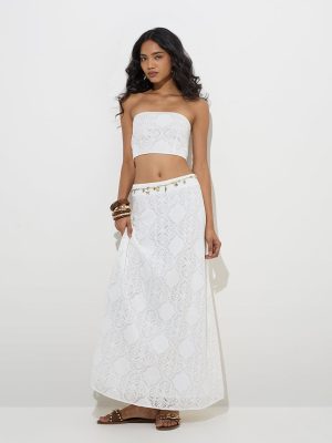 LOV White Lace-Detailed Mid-Rise Cotton Skirt
