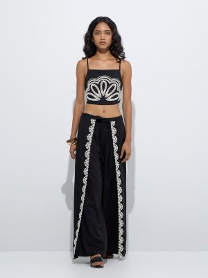 LOV Black Embroidered Mid-Rise Pants