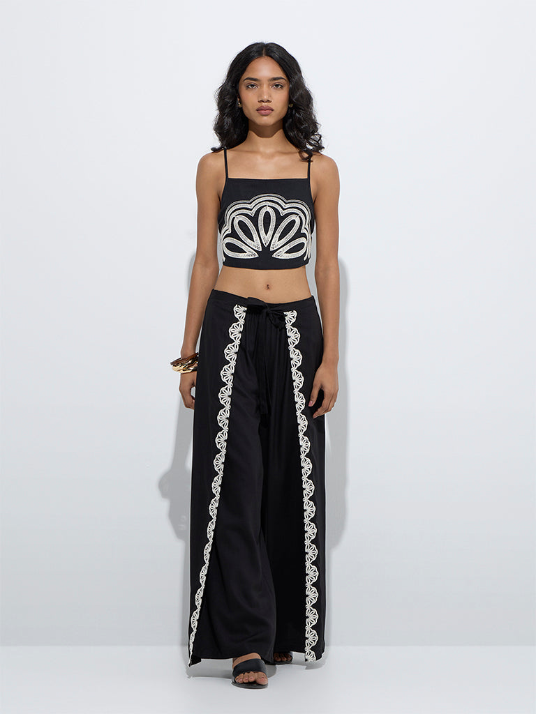 LOV Black Embroidered Mid-Rise Pants