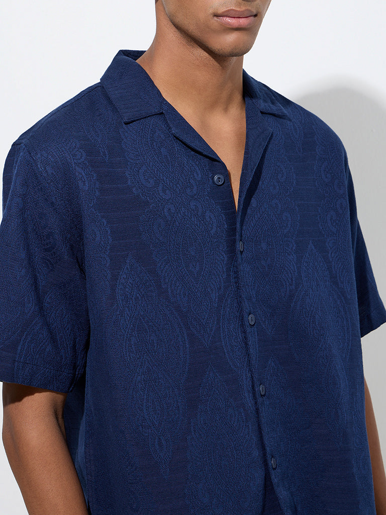 ETA Indigo Self-Patterned Relaxed-Fit Cotton Shirt - Image 3