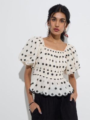 Bombay Paisley Off-White Floral Cotton Peplum Top