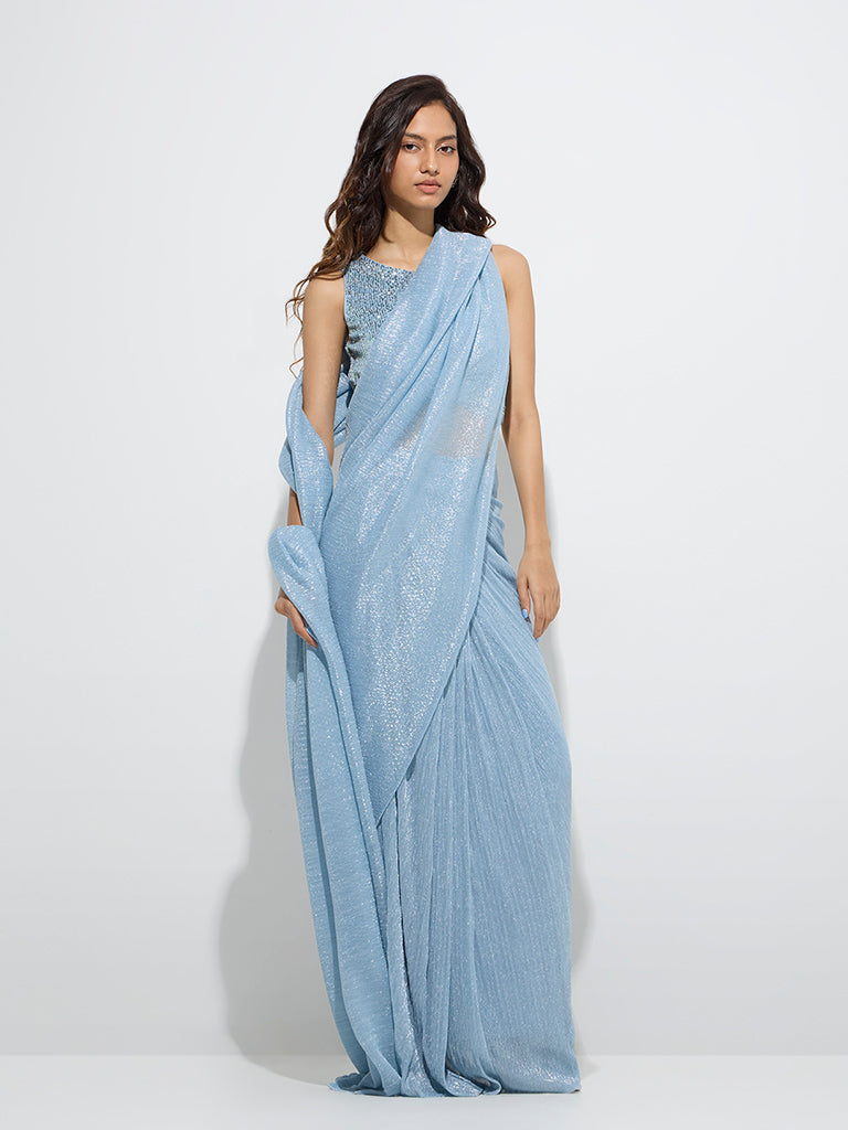 Vark Light Blue Sequin Embellished Ethnic Blouse - Image 2