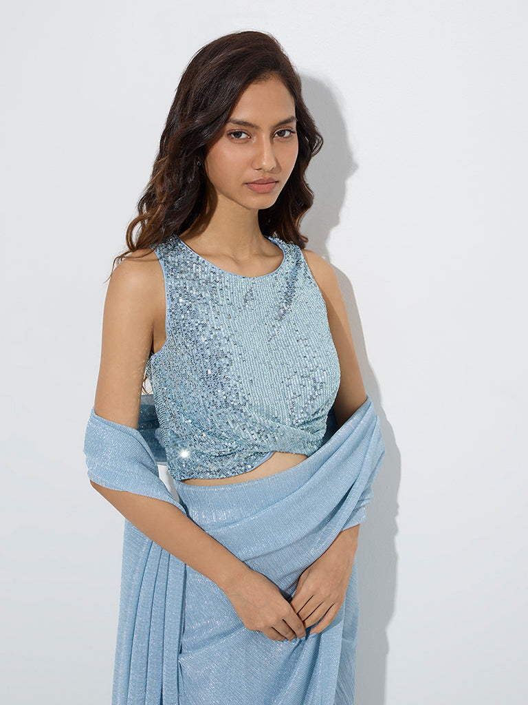 Vark Light Blue Sequin Embellished Ethnic Blouse