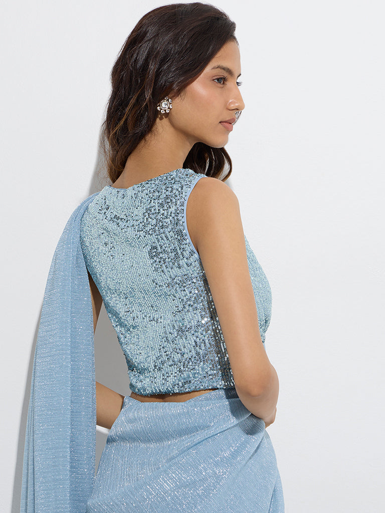 Vark Light Blue Sequin Embellished Ethnic Blouse - Image 4