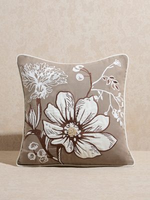 Westside Home Taupe Floral Embroidered Cushion Cover