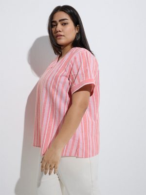 Gia Coral Striped Printed Cotton Top