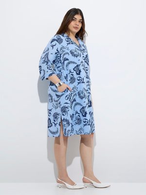 Gia Blue Floral Design Cotton-Blend A-Line Dress