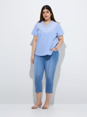 Gia Blue Faded Relaxed-Fit Mid-Rise Capri Jeans