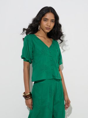LOV Green Floral Embroidered Top