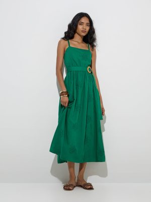 LOV Green Floral Embroidered A-Line Dress with Belt