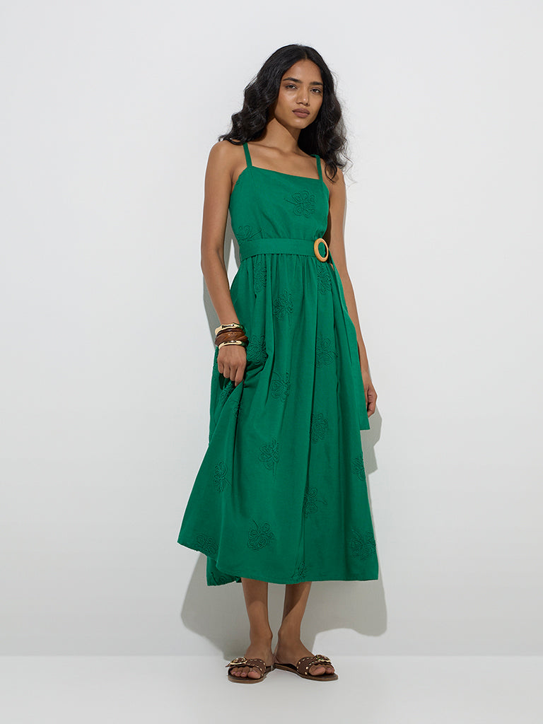LOV Green Floral Embroidered A-Line Dress with Belt