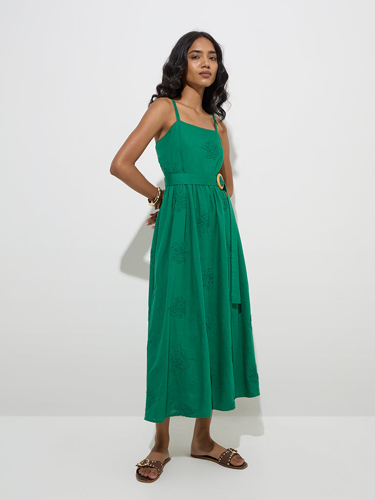 LOV Green Floral Embroidered A-Line Dress with Belt - Image 2