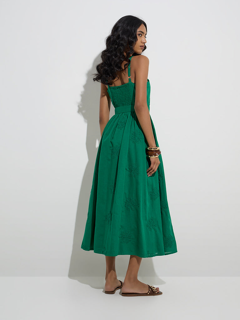 LOV Green Floral Embroidered A-Line Dress with Belt - Image 4