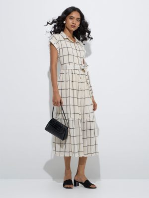 LOV Off-White Checkered Shirt Dress with Belt