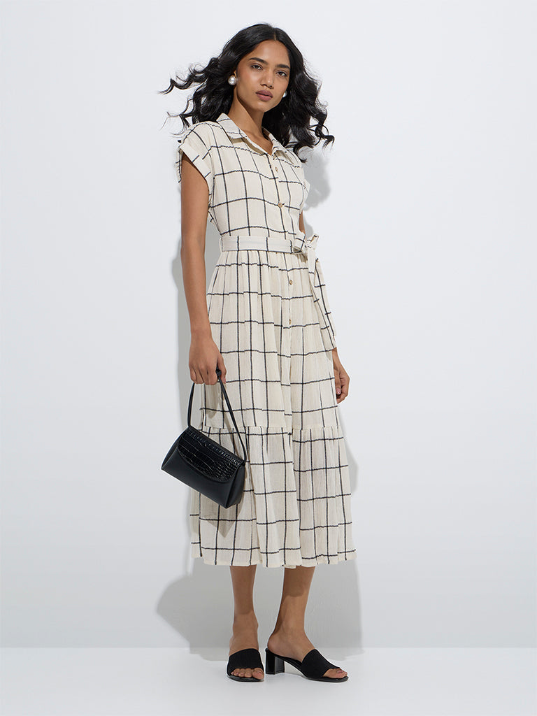 LOV Off-White Checkered Shirt Dress with Belt