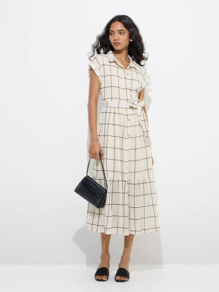 LOV Off-White Checkered Shirt Dress with Belt - Image 2