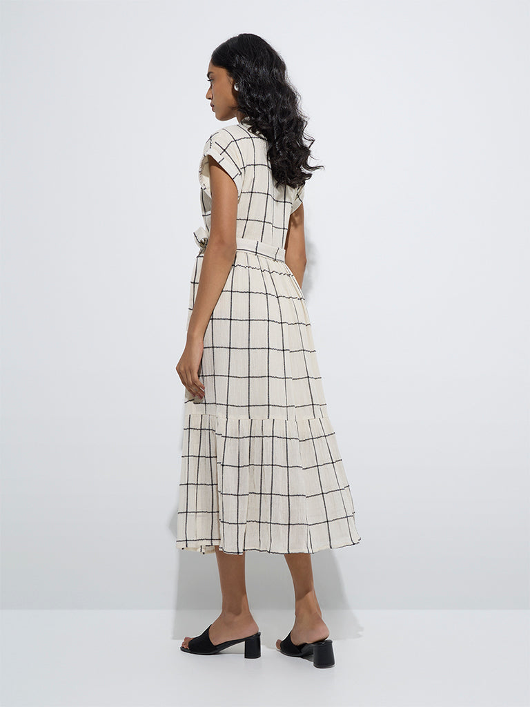LOV Off-White Checkered Shirt Dress with Belt - Image 4