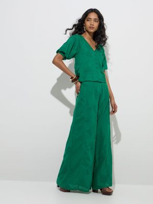 LOV Green Floral Embroidered Pants