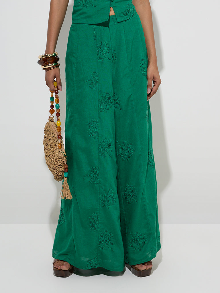 LOV Green Floral Embroidered Pants - Image 2
