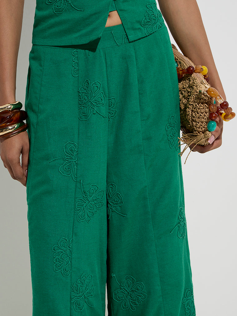 LOV Green Floral Embroidered Pants - Image 3