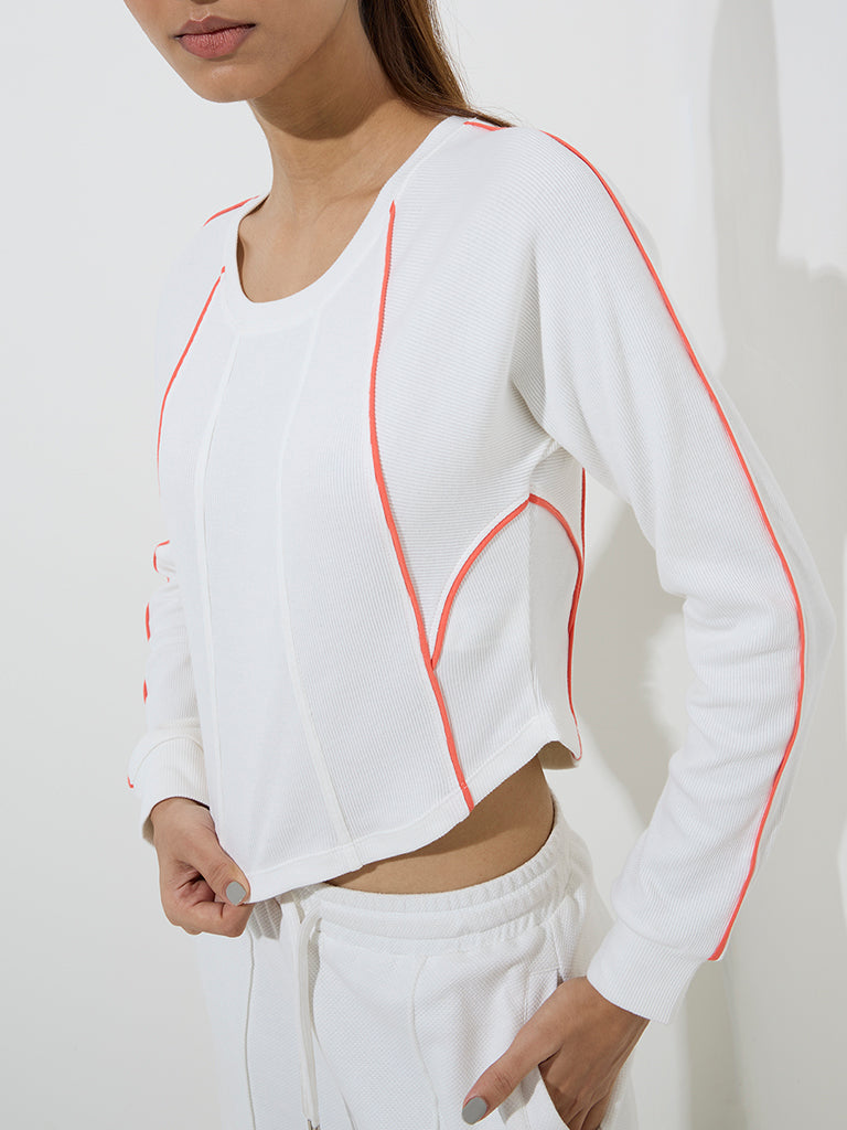 Studiofit White Ribbed-Textured Cotton-Blend T-Shirt - Image 3