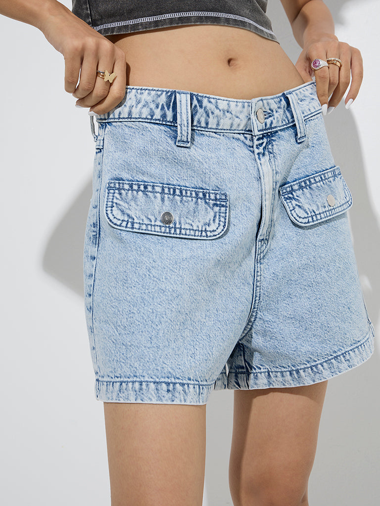 Nuon Light Blue Faded High-Rise Denim Shorts - Image 4