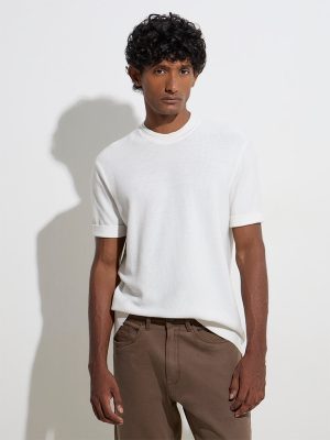 Ascot White Knit-Textured Relaxed-Fit Cotton Blend T-Shirt