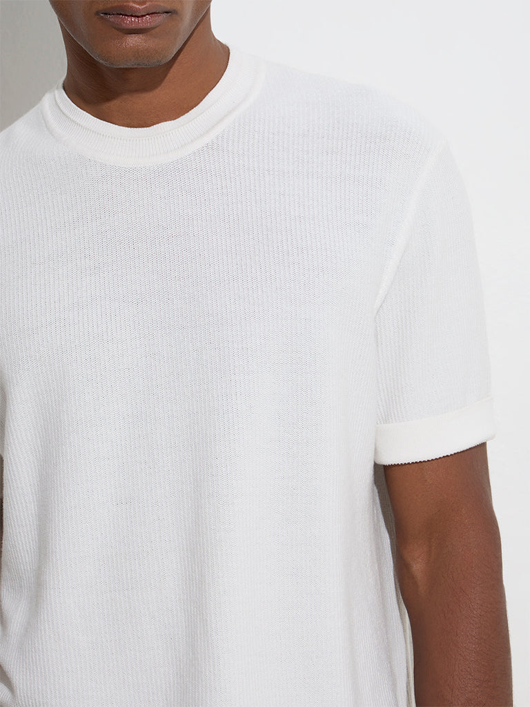 Ascot White Knit-Textured Relaxed-Fit Cotton Blend T-Shirt - Image 4