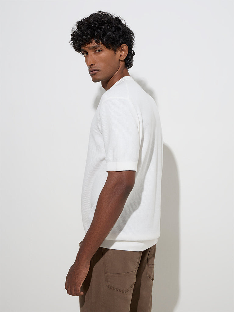 Ascot White Knit-Textured Relaxed-Fit Cotton Blend T-Shirt - Image 5
