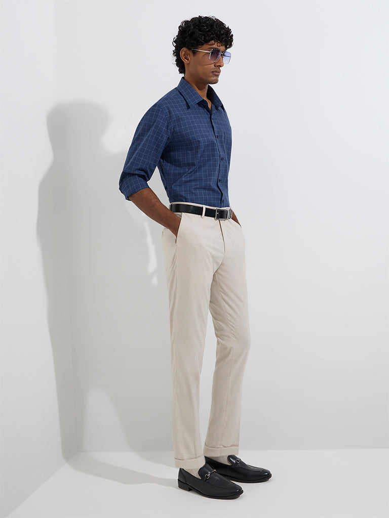 WES Formals Dark Blue Checkered Slim-Fit Cotton Shirt - Image 2