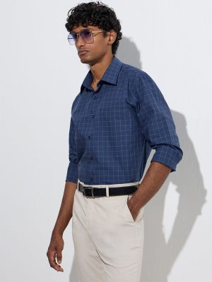 WES Formals Dark Blue Checkered Slim-Fit Cotton Shirt