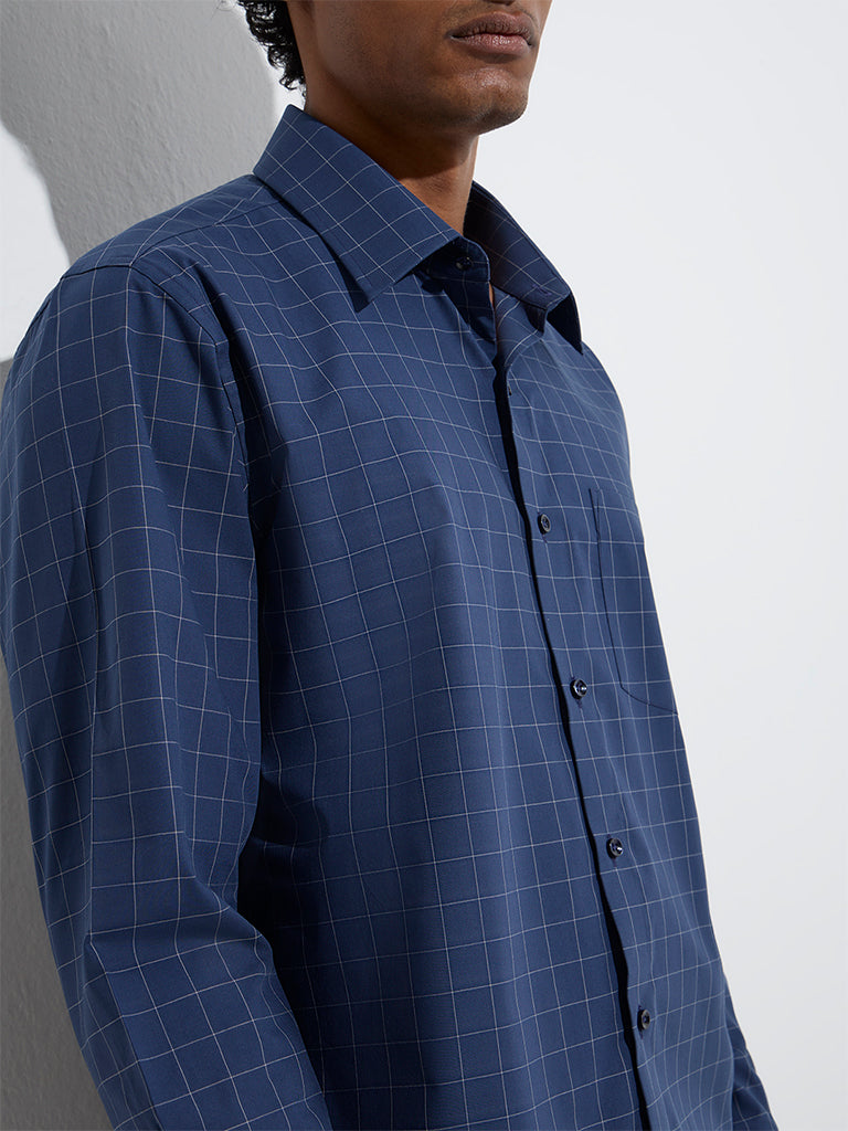 WES Formals Dark Blue Checkered Slim-Fit Cotton Shirt - Image 3