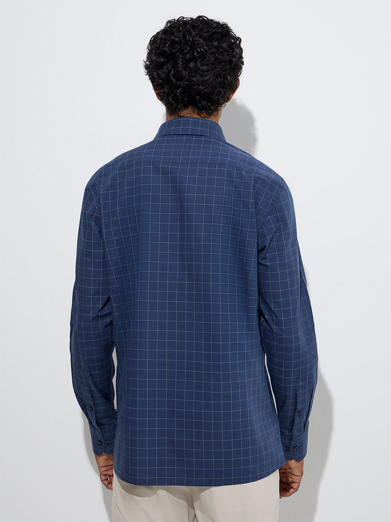 WES Formals Dark Blue Checkered Slim-Fit Cotton Shirt - Image 4
