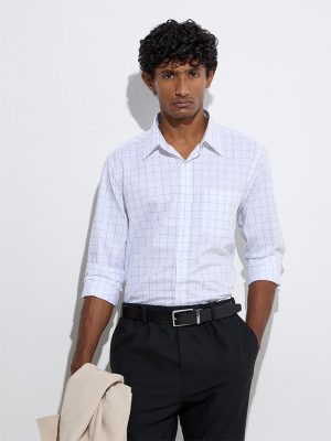 WES Formals White Checks Design Slim-Fit Cotton Shirt