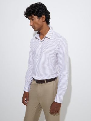 WES Formals Beige Stripe Printed Slim-Fit Cotton Shirt