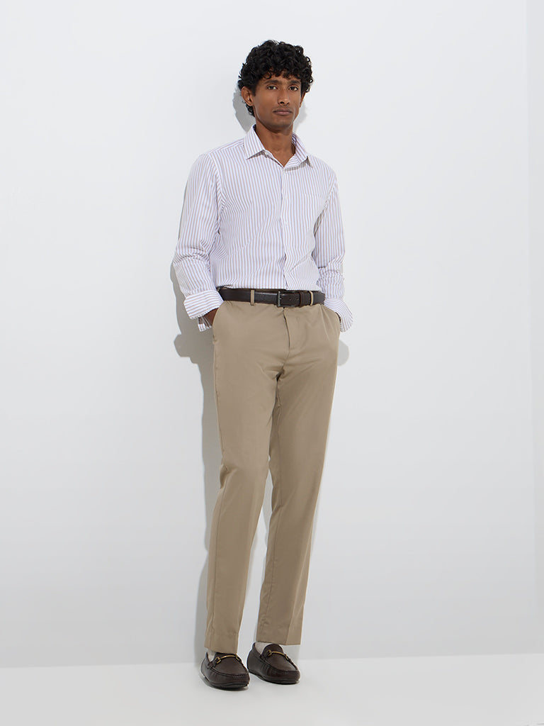 WES Formals Beige Stripe Printed Slim-Fit Cotton Shirt - Image 2