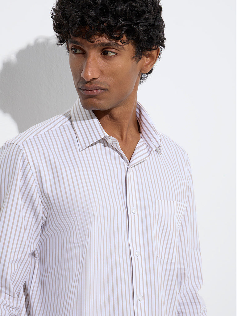 WES Formals Beige Stripe Printed Slim-Fit Cotton Shirt - Image 3