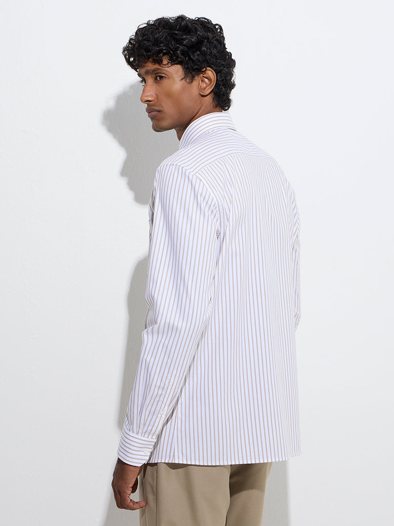 WES Formals Beige Stripe Printed Slim-Fit Cotton Shirt - Image 4