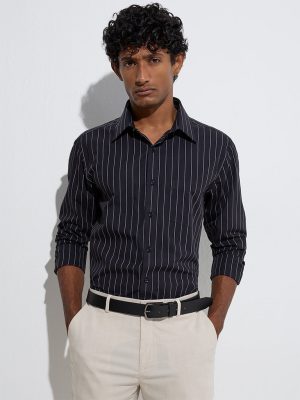 WES Formals Black Striped Slim-Fit Cotton Shirt